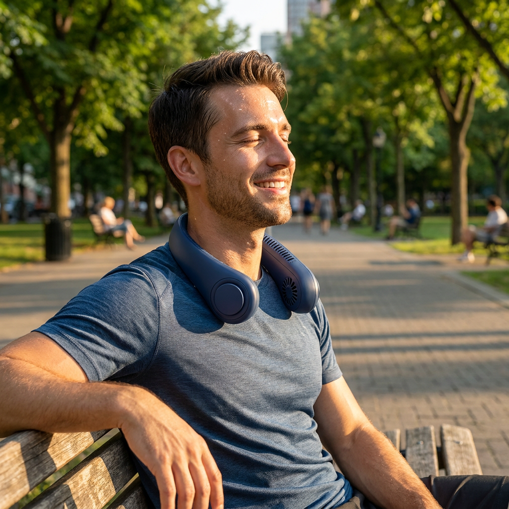 Homme en tenue de sport portant le ventilateur de cou FreshNeck bleu minuit après le running