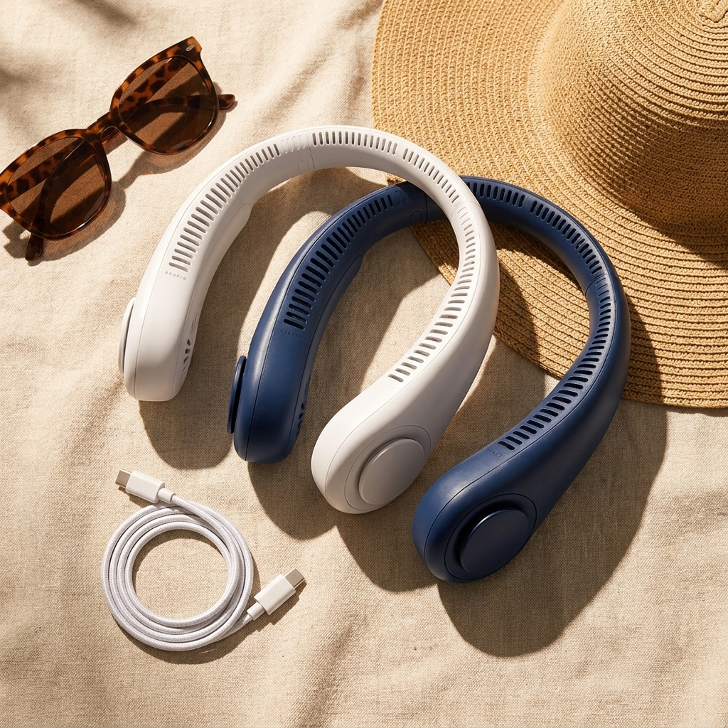 Ventilateurs de cou FreshNeck blanc perle et bleu minuit avec câble USB-C — ambiance été