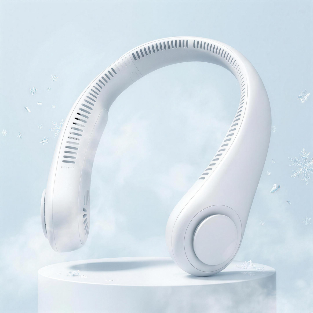 Ventilateur de cou FreshNeck blanc perle — packshot studio fraîcheur, sans pales, silencieux