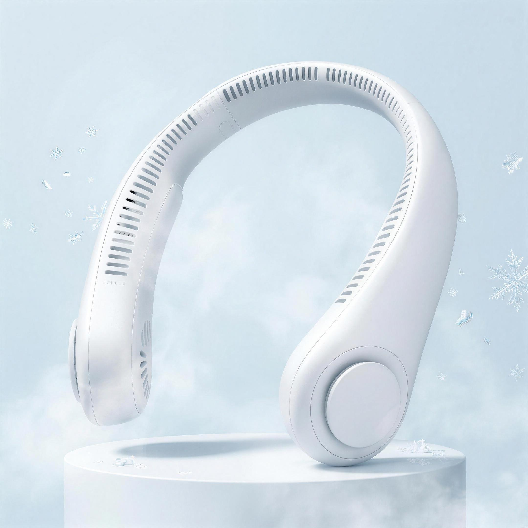Ventilateur de cou FreshNeck blanc perle — packshot studio fraîcheur, sans pales, silencieux